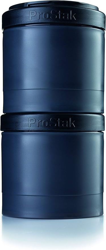 BlenderBottle Shaker Bottle with Pill Organizer and Storage for Protein Powder, ProStak System, 22 Ounce, Midnight Black & ProStak Twist n' Lock Storage Jars Expansion 2-Pak with Pill Tray, All Black