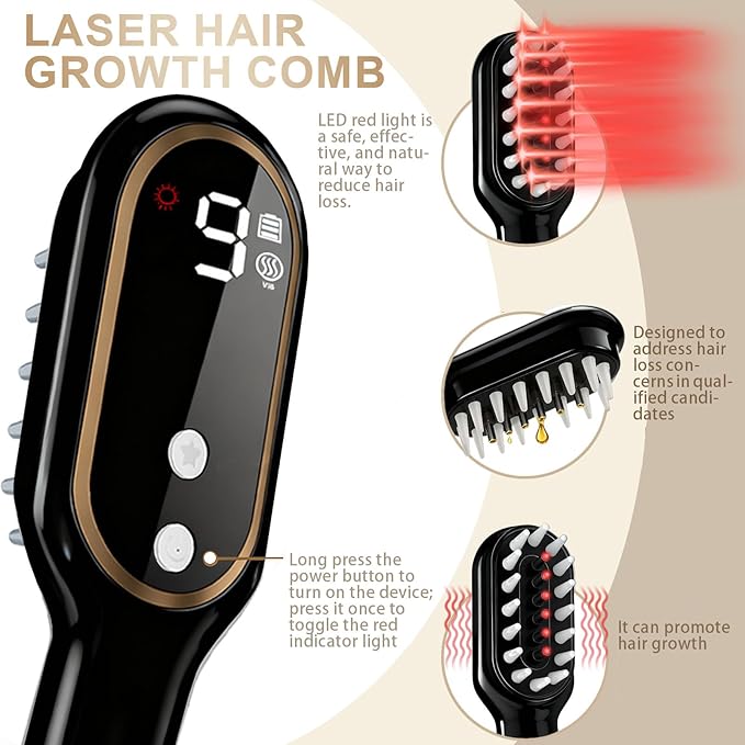 Laser Hair Growth Comb for Men & Women, FDA Cleared Red Light Therapy Device for Thinning Hair, Scalp Massager for Fuller, Stronger Hair, Black