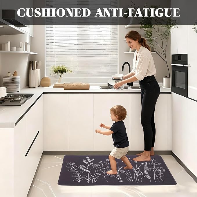 Mirok Washable Anti Fatigue Mat for Cushioned Floor Mats,Floral Plants Non-Skid Ergonomic Comfort Foam Rugs,Non Slip Kitchen Rug(Flowers/Grass,17"x29")