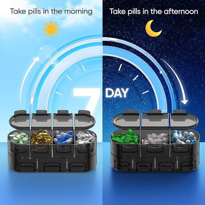 Weekly Pill Organizer Travel, 2/3/4 Times a Day, Double-Sided Opening Design, Portable Pill Box for Storing Fish Oils/Medication/Vitamins/Supplements (2PC Black)