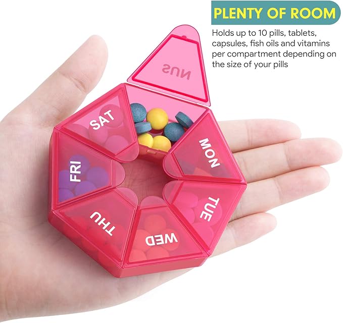 Weekly Pill Organizer, 2 Pack Portable Pill Box Medicine case 6 Colors (Seven Day) New Edition for Vitamin/Fish Oil/Pills/Supplements-Arthritis Friendly (Red)