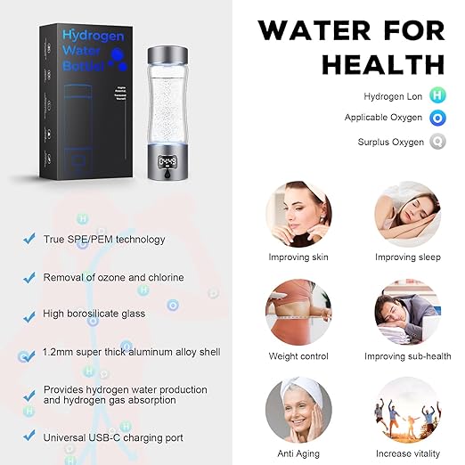 Hydrogen Water Bottle Generator, 340ml Portable Hydrogen Water Maker with SPE/PEM Technology, 5000ppb Rechargeable Ionizer Machine for Health & Wellness, BPA-Free Glass