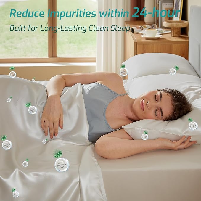 Silver Infused Bed Sheets - 20% Silk Blend Sheet with Self-Cleaning Technology for 3X Freshness Sleep, Luxe Soft Temperature Regulating Cooling Sheets for Hot Sleep (PearlWhite,King)