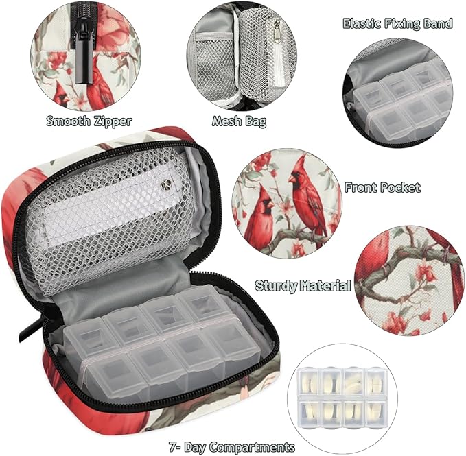Cardinal Birds Travel Pill Organizer Bag Portable Weekly Pill Box Travel Medicine Organizer 7 Day Pill Case with Zipper for Daily Travel Family Business