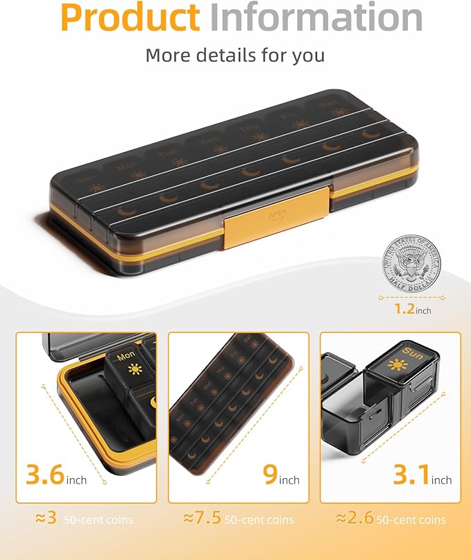 AM PM Pill Organizer 2 Times A Day, 7 Day Pill Box Weekly Pill Organizer Travel with Separate Container, Portable Daily Medicine Planner Dispenser Case for Vitamin, Fish Oils, Supplements（BlackGold）