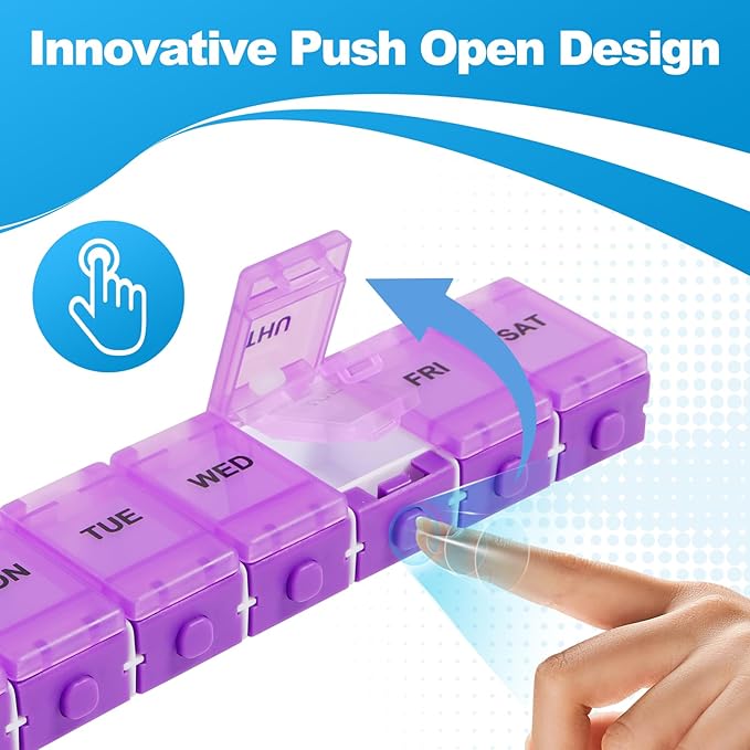 Push Button Weekly Pill Organizer, Medicine Pill Organizer with Label, Pill Box Case 7 Day BPA-Free, Pill Container for Vitamins, Fish Oil, Supplements Medication (Purple)