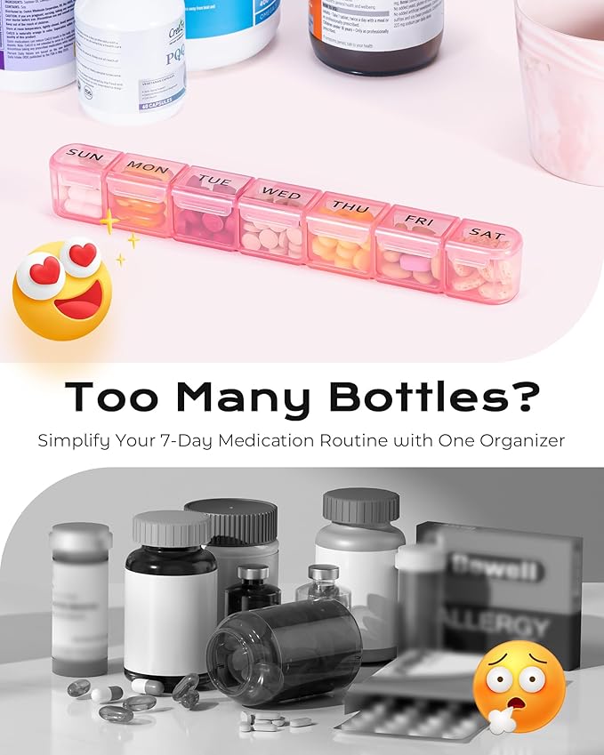 Daviky Weekly Pill Organizer, Large 7 Day Pill Box, Travel Pill Case, Daily Pill Dispenser for Vitamins, Medicines, Supplements, and Fish Oil(Pink)