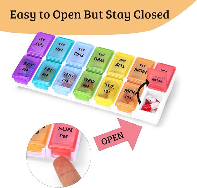 AM PM Weekly Pill Organizer 2 Times A Day, Daily Pill Box Case 7 Day Detachable Medicine Holder with Easy Filling & Retrieving, for Vitamin/Fish Oil/Supplements (Colorful)