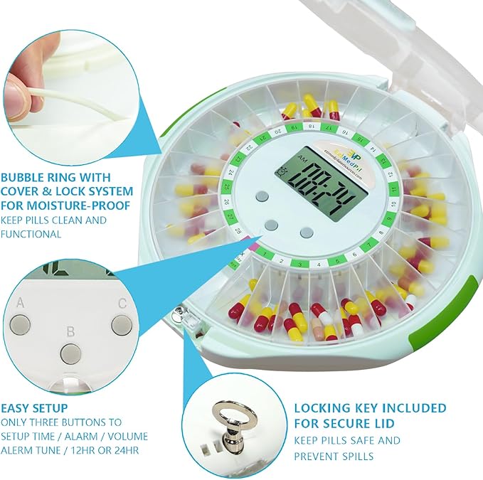 EziMedPil Automatic Pill Dispenser w/Sound & Light & Alarm, up to 6 Alarms/Day, 9 Dosage Templates, Easy-Read Display, Locked 28-Day Frosted Lid Medication Dispenser for Protecting Pills Privacy