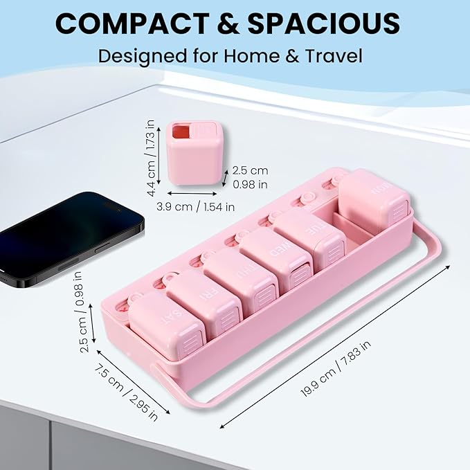 Weekly Pill Organizer with Taken/Untaken Tracker – Never Forget or Double-Dose Your Medication, Large Daily Compartments for Vitamins & Supplements, Vitamin, Pink