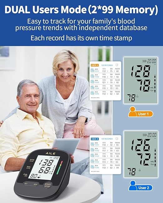 AILE Upper Arm Blood Pressure Machine,High Blood Pressure Monitors for Home use with Adjustable Blood Pressure Cuff - Large LCD Screen,Dual Power Option