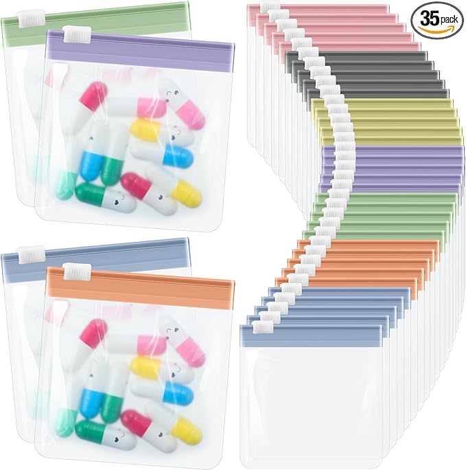 Sherr 35 Pcs Pill Pouch Bags Zippered Pill Pouch Set Reusable Translucent Medicine Organizer Self Sealing Medicine Organizer Travel Plastic Bags with Slide Lock for Storage(Stylish,Morandi Color)