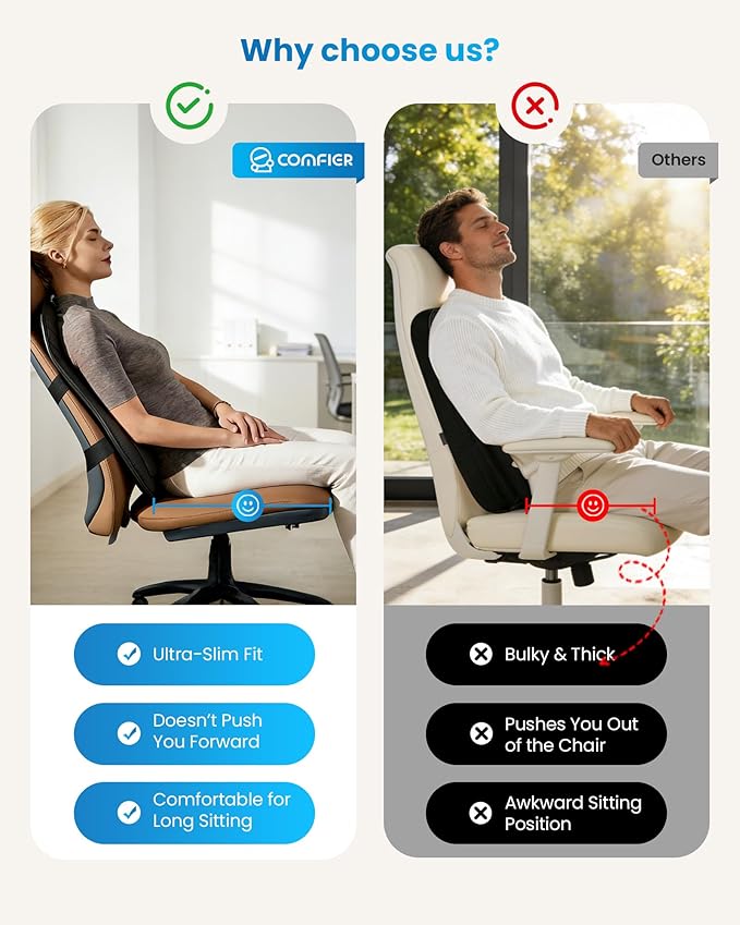 COMFIER Ultra-Slim Heated Back Massager for Chair,Deep Tissue Shiatsu Back Massager with Heat,Up–Down Moving 10 Massage Nodes,Upper/Lower/Full Back Relief,Gift for Women & Men