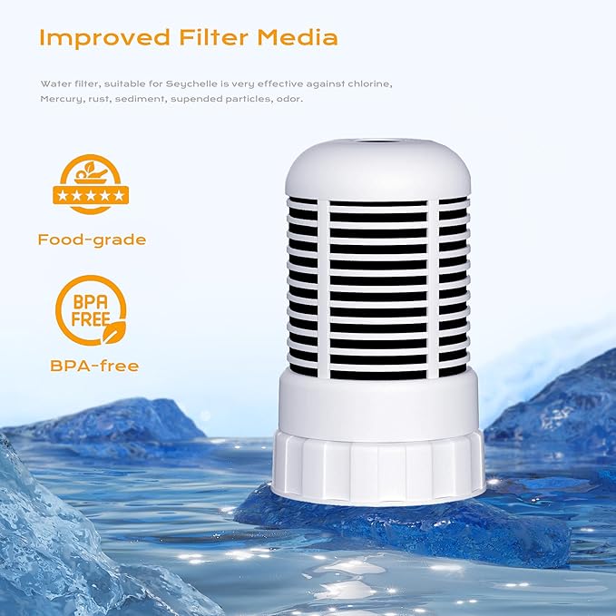 4-Pack Water Filter Replacement for Seychelle Dual-Filter 64oz & Pitcher 32oz, Fluoride, Chlorine, Heavy Metal Removal, Coconut Shell Activated Carbon, NSF Certified