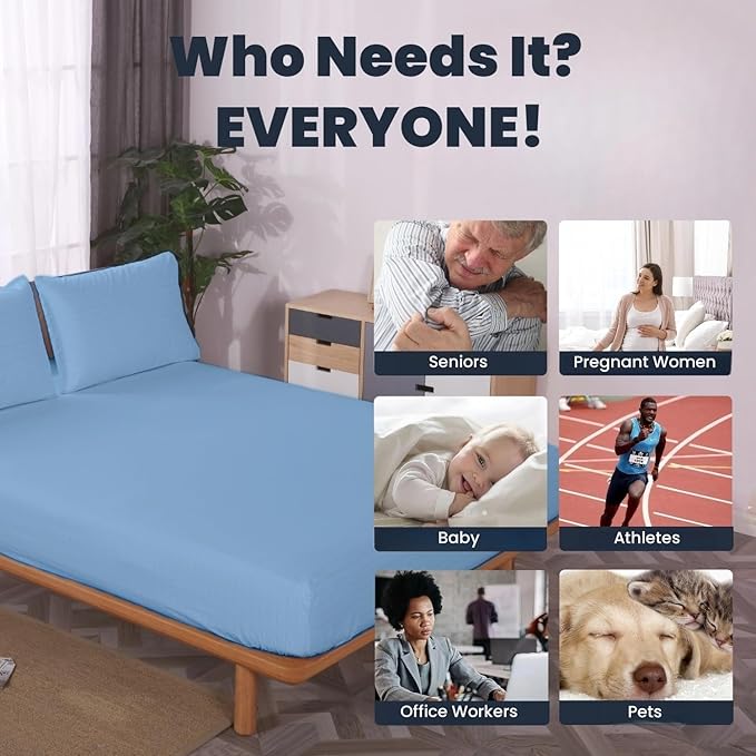 OKOHEY Grounding Fitted Sheets with 15ft Earthing Cord, King Size, 90% Organic Cotton + 10% Silver Fiber, Soft & Breathable Grounded Sheet for Better Sleep and Enhanced Wellness, Light Blue