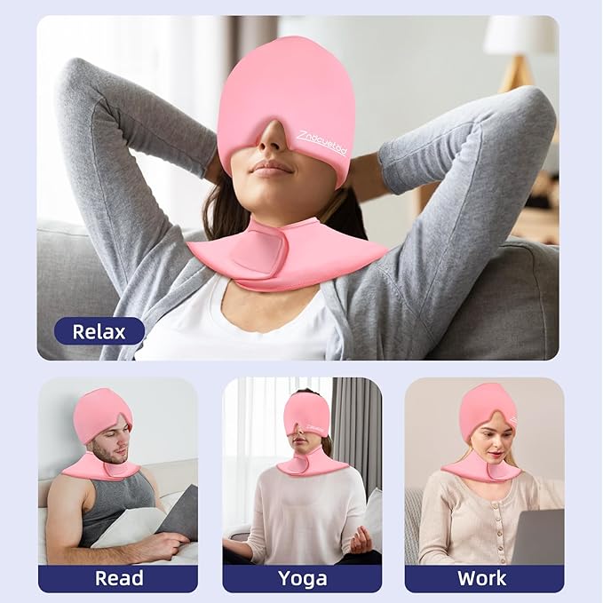 Migraine Relief Cap and Neck Ice Pack Wrap Gel Set, Upgrade Headache Hangover Cold Cap and Cervical Ice Packs Compress Relief for Head Cervical Pain, Stress, Swelling, Office Pressure Gift Women-Pink