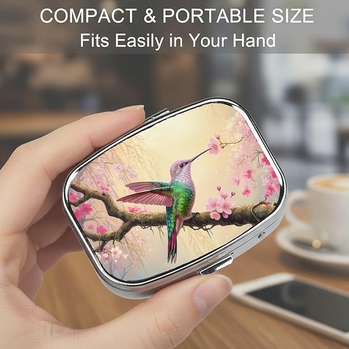 Square Pill Case Small Pill Box with Mirror Pocket 2 Compartment Vitamin Pill Medicine Case Organizer Pill Containers for Traveling Cherry Blossom Hummingbird