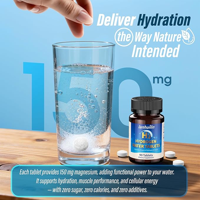Hydrogen Water Tablets 150mg Magnesium – 10 PPM Molecular Hydrogen Tablets for Drinking Water, Supports Healthy Aging, Cellular Energy, Recovery & Brain Health – GMO-Free & Gluten-Free, 90 Tablets