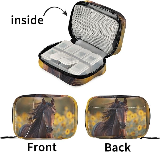 Sunflowers Field Horse Pill Organizer Case Floral Animals 7 Day Travel Pill Box with Zipper Portable Weekly Vitamin Medicine Supplement Holder Pouch Bag