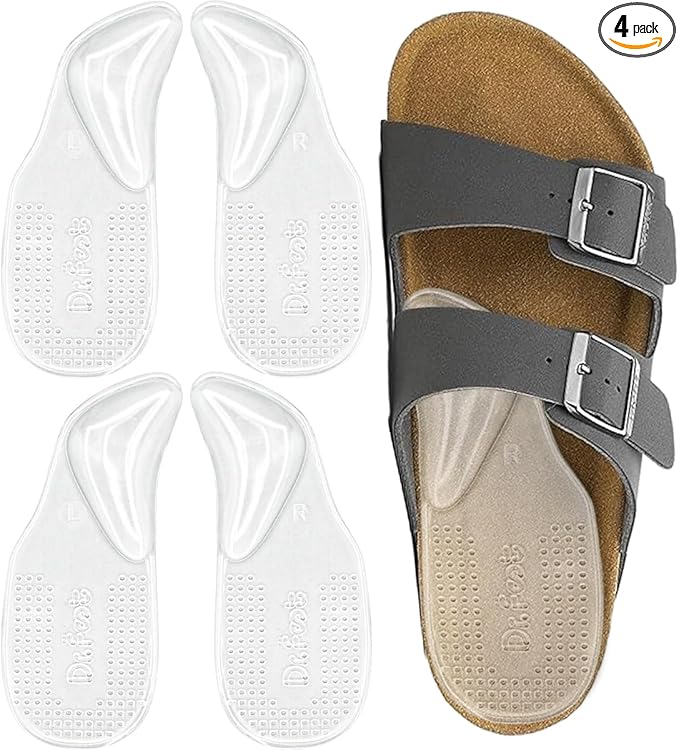 Dr.Foot Arch Support Shoe Inserts for Plantar Fasciitis Relief, Self-Adhesive Arch Pads Heel Cushion for Flats, Heel Pain, Gel Arch Insoles for Men and Women 2 Pairs (Large, Transparent)