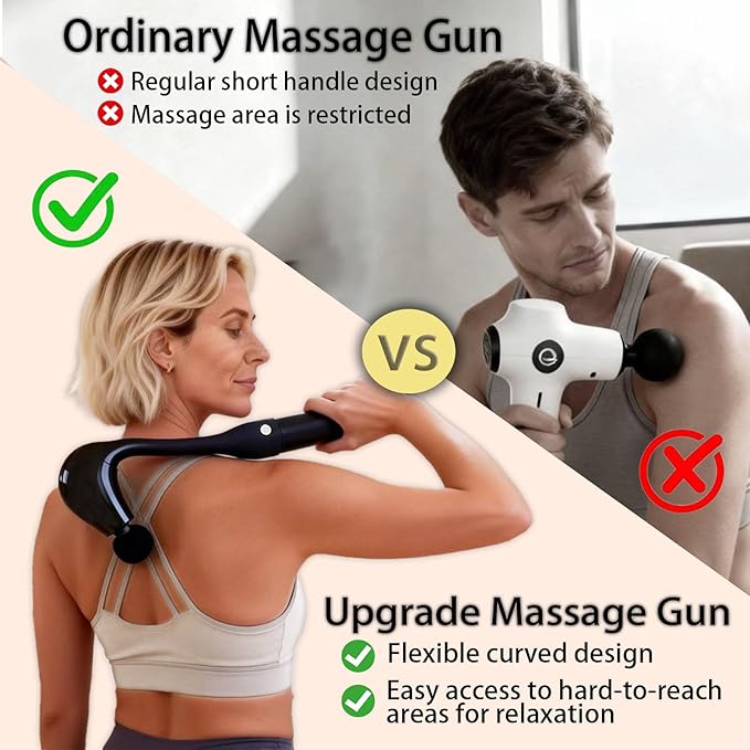2-in-1 Massage Gun Deep Tissue with 20'' Extension Handle & Stretching Strap, Neck Massager for Pain Relief, Handheld Percussion Massager for Back, Shoulder, Leg, Waist