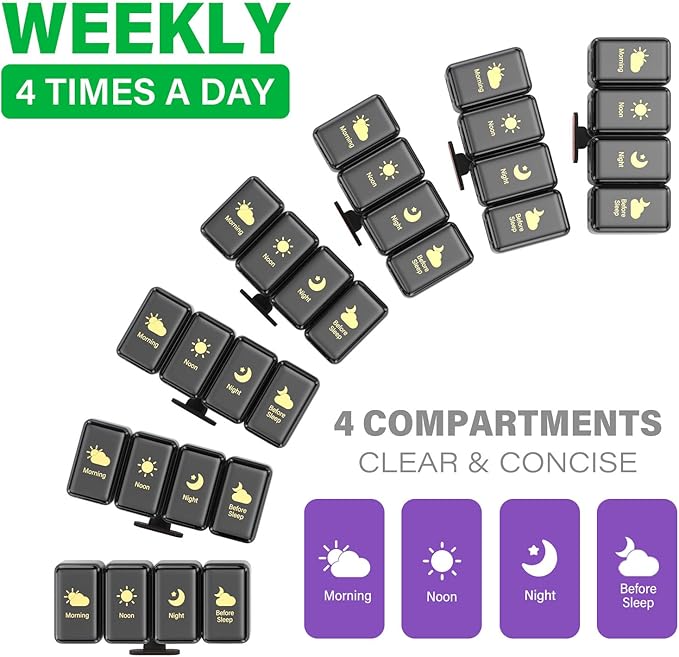 Weekly Pill Organizer 4 Times a Day, Large Compartments Pill Box 4X 7 Day, Medicine Organizer Pill Case for Pills/Vitamins/Fish Oils/Medication/Supplements (4x7 Black)