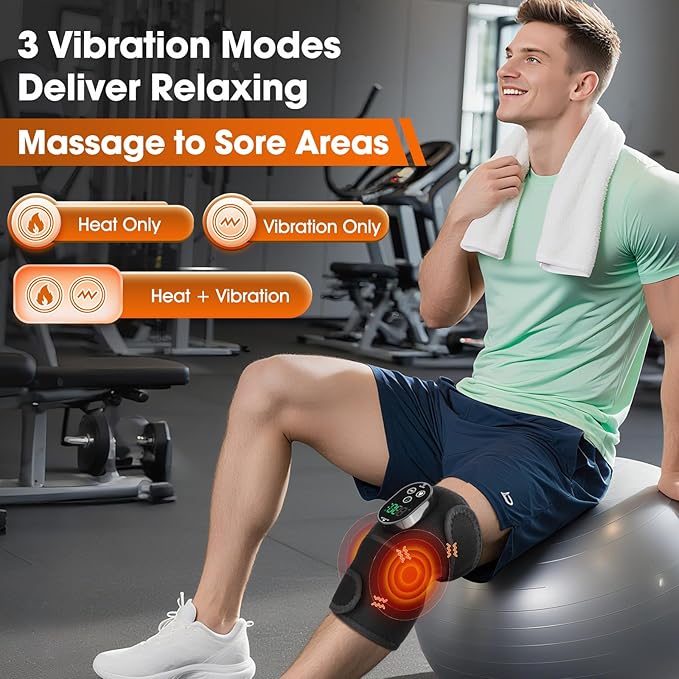 Cordless Heated Knee Massager for Pain Relief, Knee Heating Pad for Knee Arthritis, Heating Pad for Knee Pain, 6 Heatings, 3 Vibrations, 3 Timers, Adjustable Strap for Shoulder, Elbow, Knee