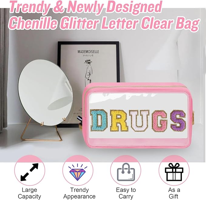 Chenille Letter Bag Clear MEDS Makeup Pouch, Waterproof Portable Medicine Bag for Traveling Preppy Small Meds Bag Zipper Pouch, Nylon Cute Drugs Medicine Organizer Bag for Patient Nurse(DRUGS-Pink)