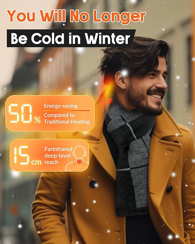 Graphene Heated Scarf for Men Women 6000mAh Rechargeable Intelligent Electric Neck Heater Warmer Heating Pad Clothing Clothes Portable Mens Winter Outdoor Gear Accessory Essentials Black Grey
