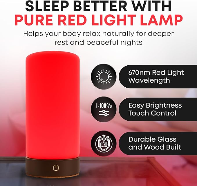 Rubi Red Light Therapy Lamp – 670nm Wavelength for Natural Sleep, Relaxation & Wellness | Adjustable Brightness for Bedroom Light | Elegant Glass & Wood Design | One-Touch Lamp Switch