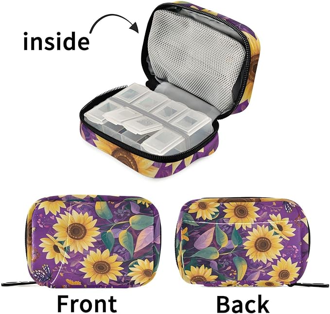 Purple Flower Sunflower Pill Organizer Box Case Container Weekly Travel Daily 7 Day Pill Dispenser Sorter Vitamin Holder Medication Medicine Organizer Case for Purse Small Compact Portable Cute