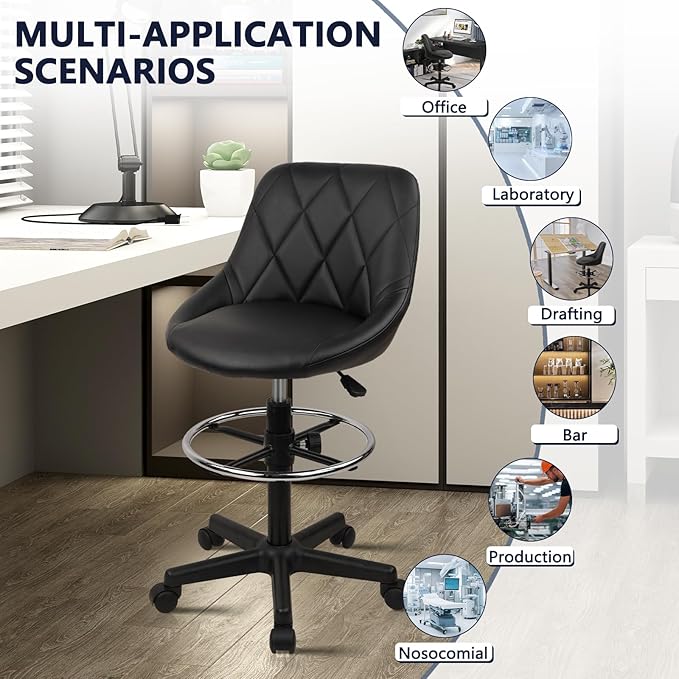 Small Rolling Stool with Backrest - 360° Swivel Chairs with Wheels, Adjustable Height Footrest Armless Vanity Chair, Thickened Seat Cushion Stool Chairs for Spa, Shop, Salon, Massage, Black, 1 Pack