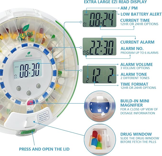 JULOS Locked Automatic Pill Dispenser with Sound & Light Alerts for Elderly, 28-Day Electronic Medication Organizer, up to 6 Alarms/Day, 6 Dosage Rings, Pill Dispenser for Vitamins & More, Clear Lid