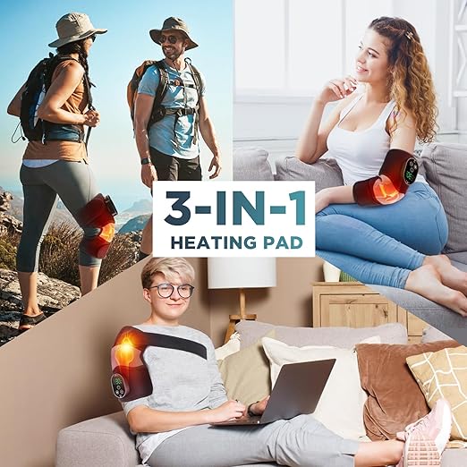 Cordless Knee Heating Pad with Massage, Knee Massager for Pain Relief, Heat Knee Wrap with 6 Heat Levels & 3 Timers, Adjustable Heating Pad for Knee, Shoulder, Elbow