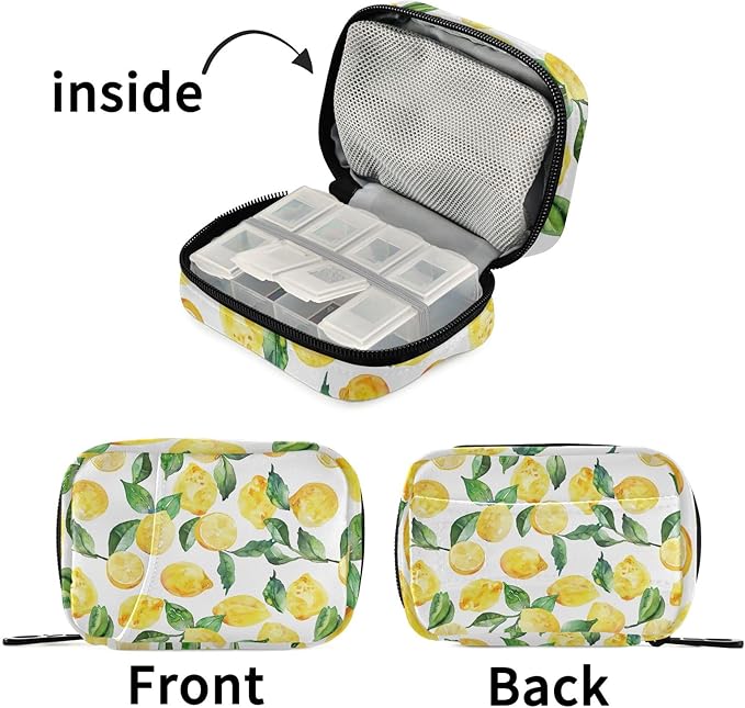 Yellow Lemons and Green Leaves Travel Pill Cases Bag, Weekly Pill Case Portable 7 Days Cute Pill Organizer with Zipper