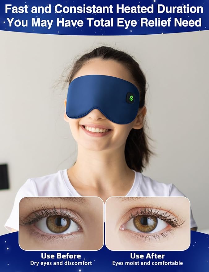Heated Eye Mask-Cordless Warm Eye Compress Heated Eye Mask for Dry Eyes, Blepharitis,Light Blocking Heat Eye Mask for Men Women, Electric Warm Eye Mask for Airplane Sleeping for Travel (Navy Blue)