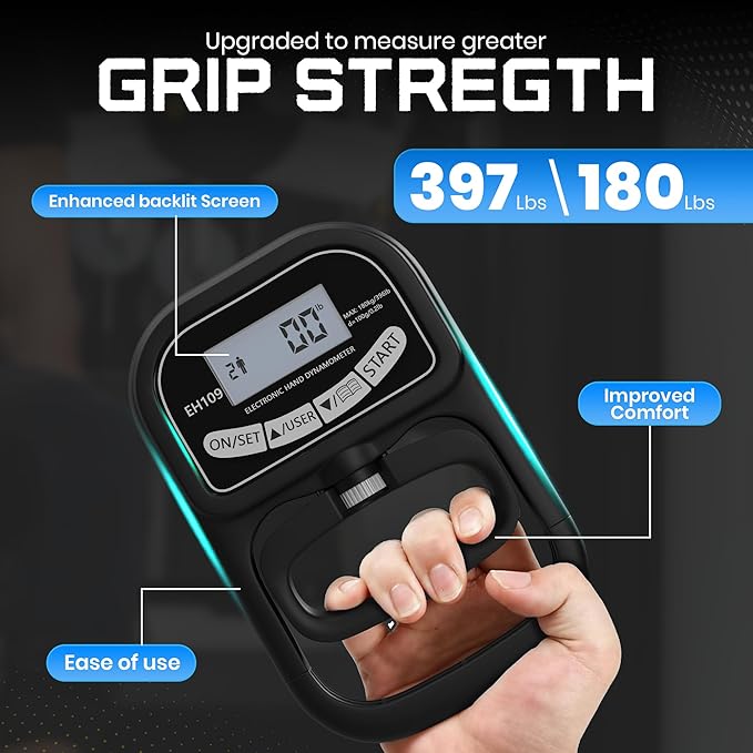 Hand Grip Strength Tester 396lbs/180kg – Digital Dynamometer with LED Display, Adjustable Handle, Forearm Trainer for Gym, Rehab & Athletes