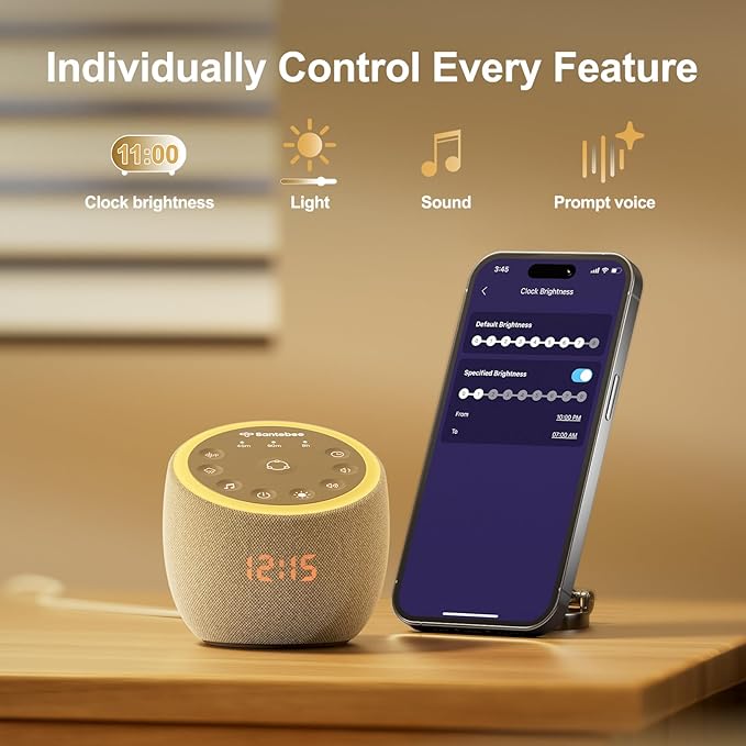 Santebee White Noise Sound Machine for Sleeping, 388 Soothing Sounds, Cocoon Pro 2 Smart APP Control, Custom Buttons Bedside Dimmable Alarm Clock Night Light, for Adults Baby Kids Lullaby