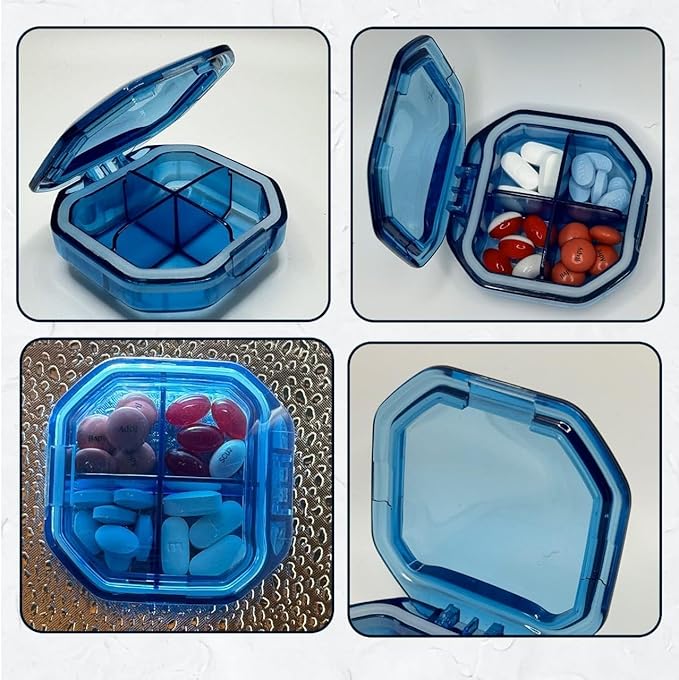 Travel Pill Organizer - Durable, Watertight Pill Case Travel Size with 4 Compartments - Compact Pill Travel Case for Vitamins, Supplements, Medicine - Travel Pill Container for Purse (Blue)
