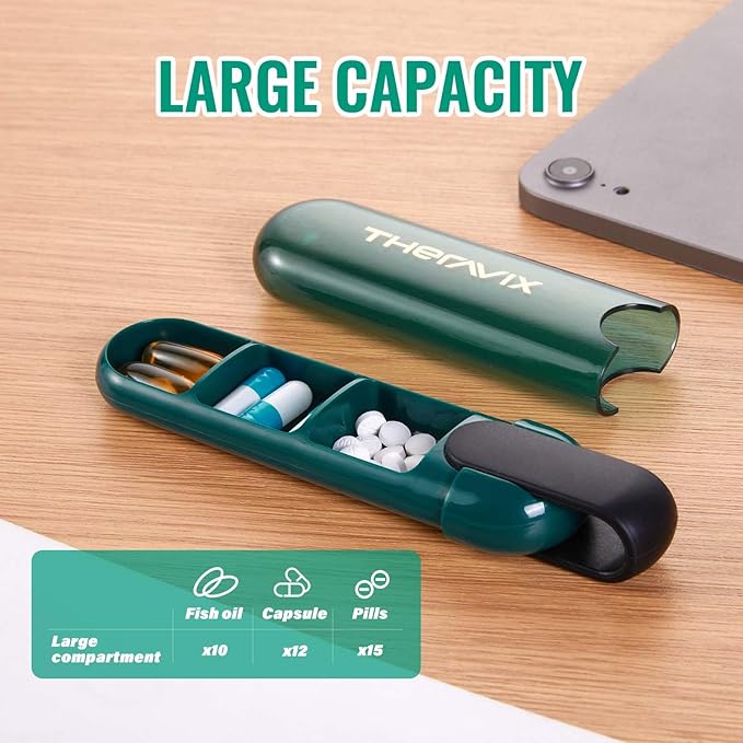 Pill Organizer 3X a Day, Daily Pill Case for Purse with Portable Design, Travel Pill Box to Hold Vitamins, Medicines, Supplements Gift for Men & Women (Green)
