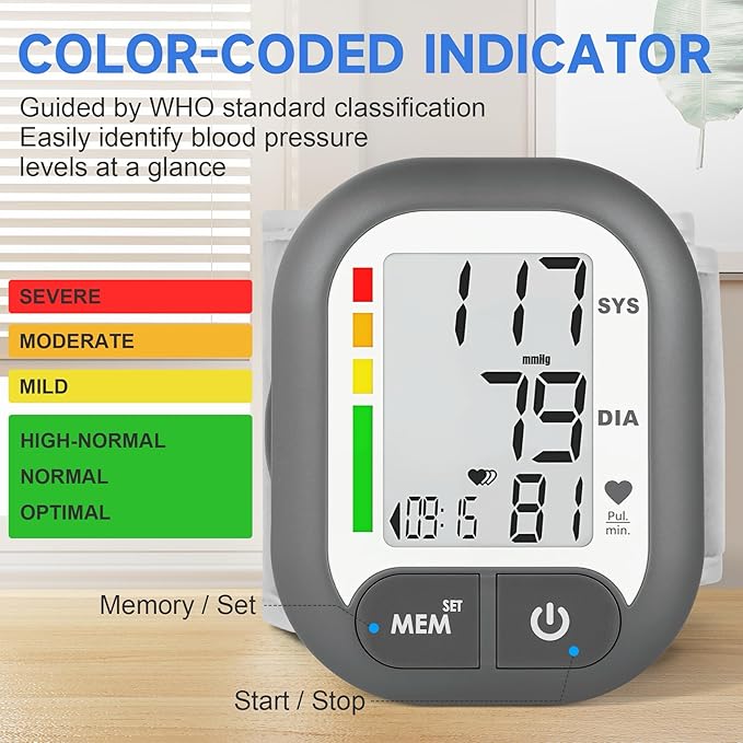 Blood Pressure Monitor Adjustable Wrist Cuff for Home Use Automatic BP Machine Large Digital LCD Display 199 Memory Batteries Included with Carrying Case, Grey