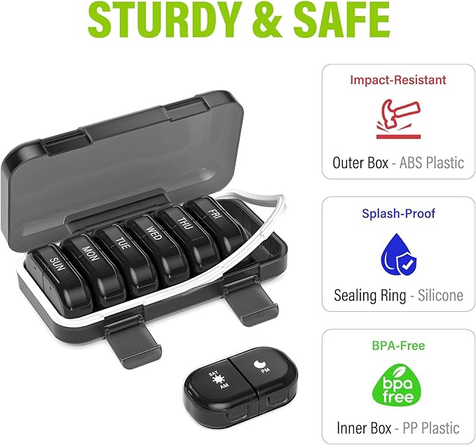 Vikie Weekly Pill Organizer 2 Times a Day with AM PM Sections, BPA-Free, Portable & Moisture-Proof for Pills, Vitamins, Supplements (2x7 Black)