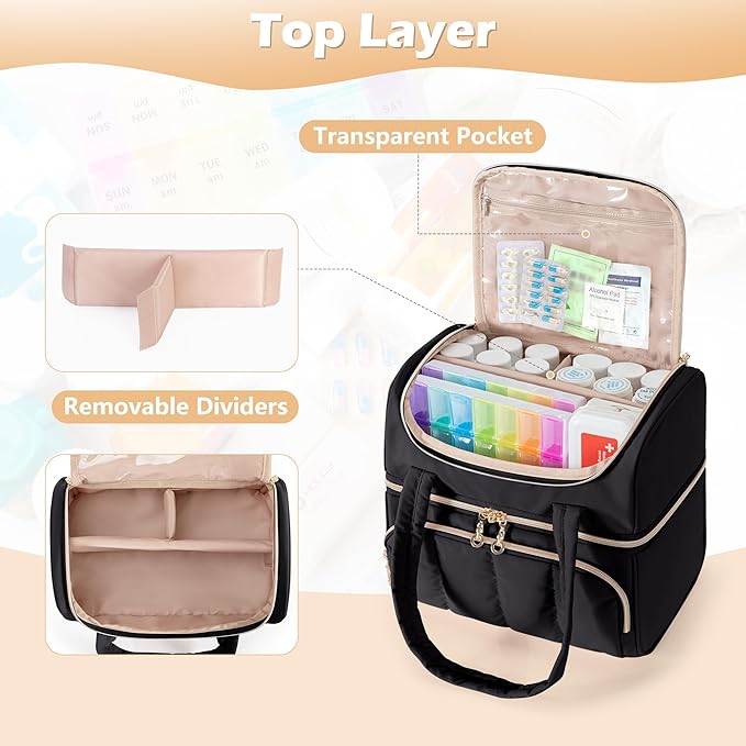 Damero Double Layers Medicine Bottle Organizer, Lockable Pill Bottle Organizer Medicine Bag with Lockable Zipper and Detachable Dividers for Medication, Vitamins or Medical Supplements, Black