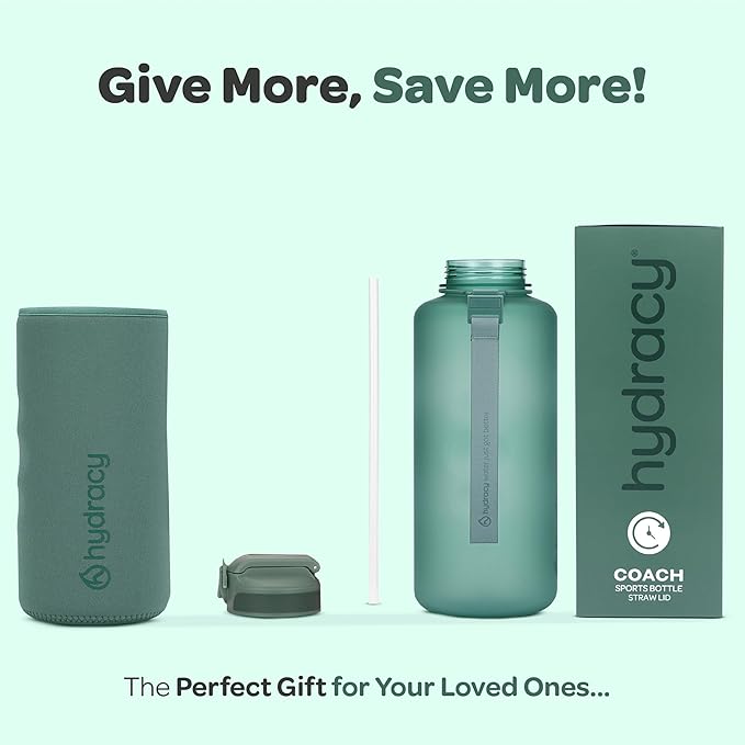 Hydracy Water Bottle with Time Marker -Large BPA Free Water Bottle & No Sweat Sleeve -Leak Proof Gym Bottle with Fruit Infuser Strainer & Times to Drink -Ideal for Fitness Sports & Outdoors