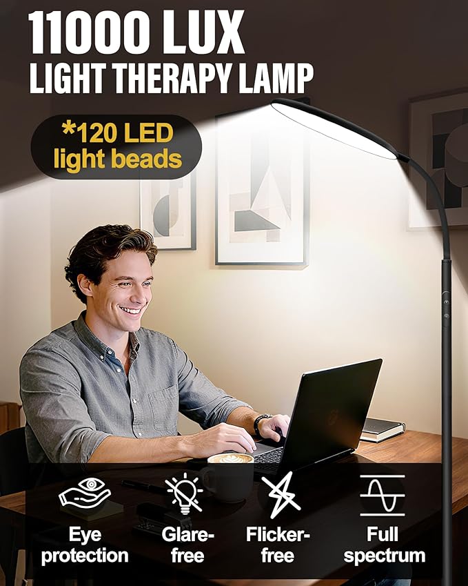 LanAqua Light Therapy Lamp, 11000 Lux UV-Free Happy Therapy Lamp with Touch & Remote Control, Full Spectrum Sunlight Lamp with 10 Brightness & 3 Color Temperatures, Light Therapy Floor Lamp with Timer