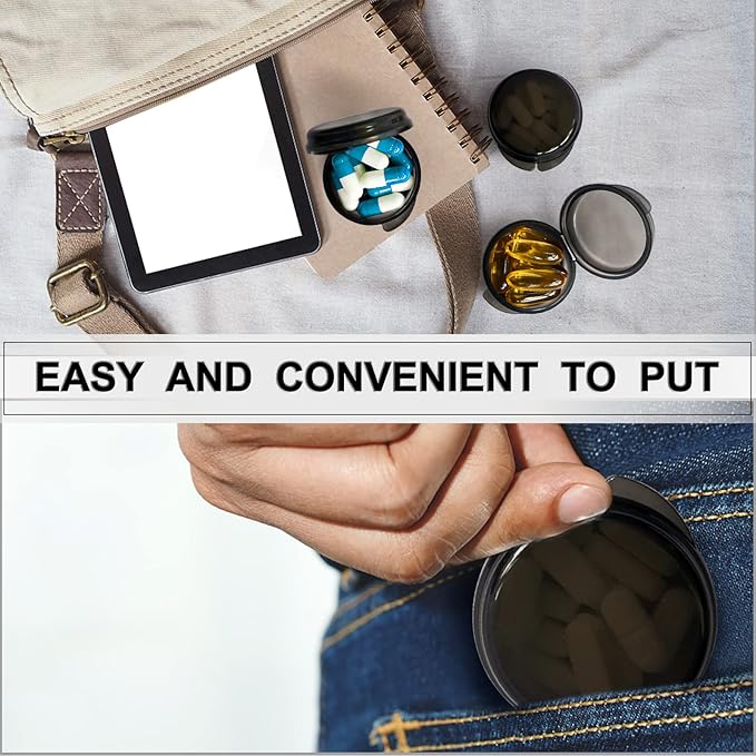 3PCS Small Pocket Daily Pill Box Organizer - Portable Travel Wallet with Individual Compartments - Compact, Convenient and Easy-to-Use Mini Pill Container for On-The-Go Medication Management (Black)