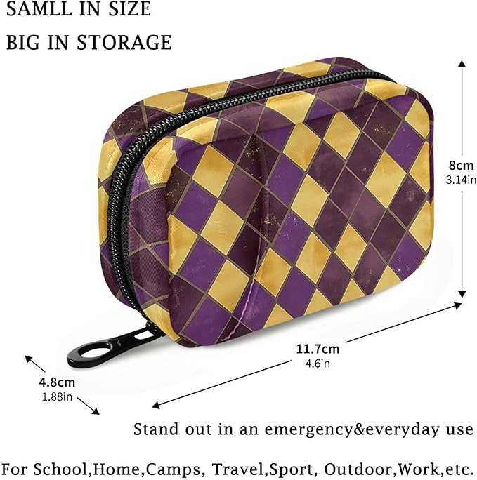 Fustylead Purple and Gold Diamond Pattern Travel Pill Organizer Case Zipper for Purse with Removable Weekly Pill Box for Medicine, Vitamin, Supplement Medicine Organizer