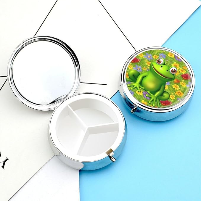 Frog Pill Box Travel Pill Case for Purse Pocket Weekly Medicine Organizer with Mirror 3 Compartment Round Medicine Case Portable PillcaseHolder for Daily