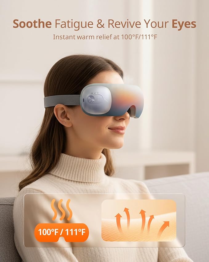 Ultra Light Eye Massager with 2 Level Heat, 120 Mins Uses, 3 Air Compression & Massage Modes, Heated Eye Mask with Bluetooth Music for Migraine Relief, Strain and Dry Eyes, Eye Relief for Women Men