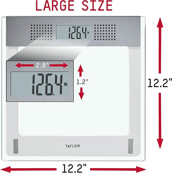 Taylor Precision Products Digital Bathroom Talking Scale, 5 Languages, Scales Body Weight, White Scale Clear Glass Stainless Steel Accents, 440 LB Capacity, Clear Stainless Steel Accents (5294756)